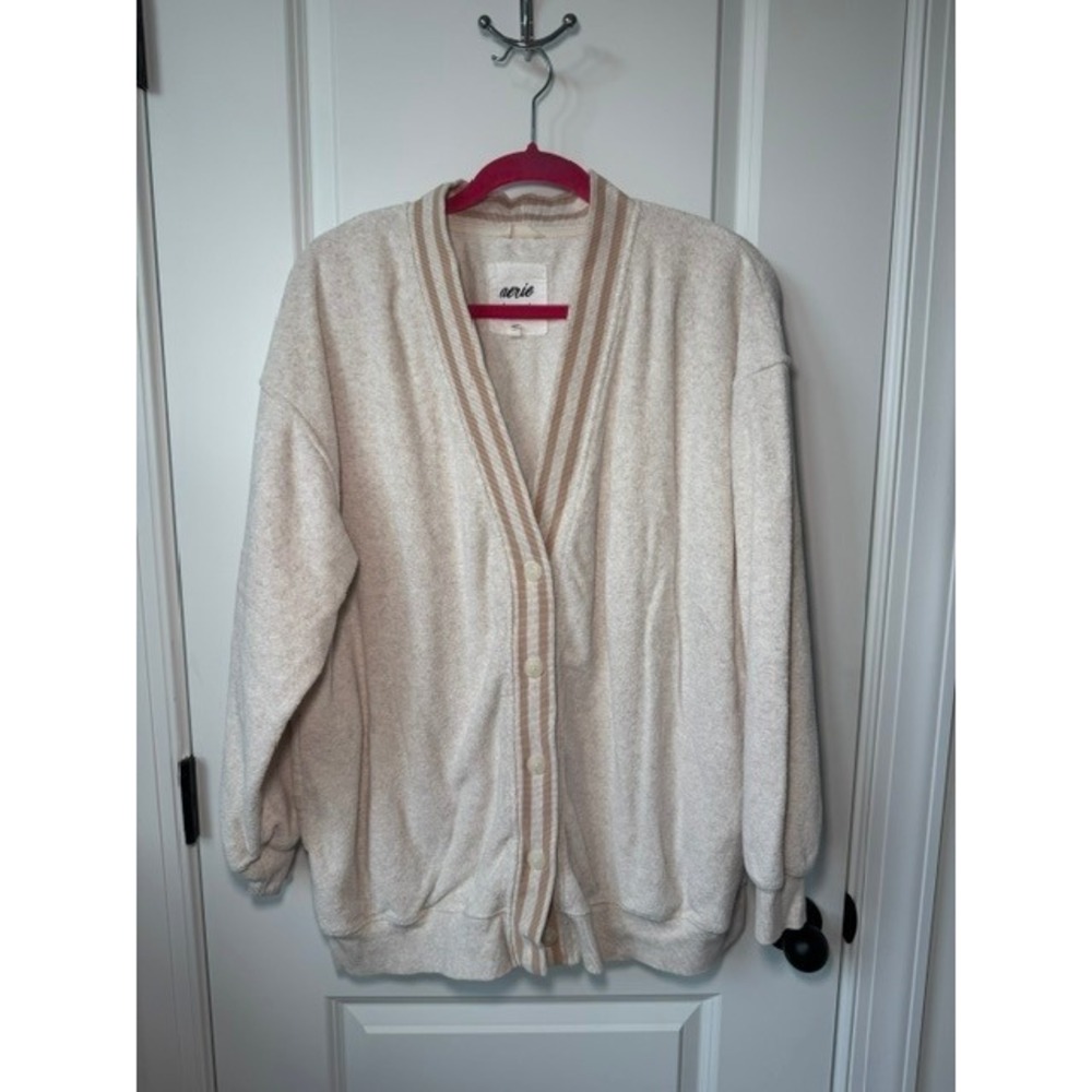 Aerie Oversized Sherpa Fleece Cardigan Cream Tan Striped Trim V-Neck Small